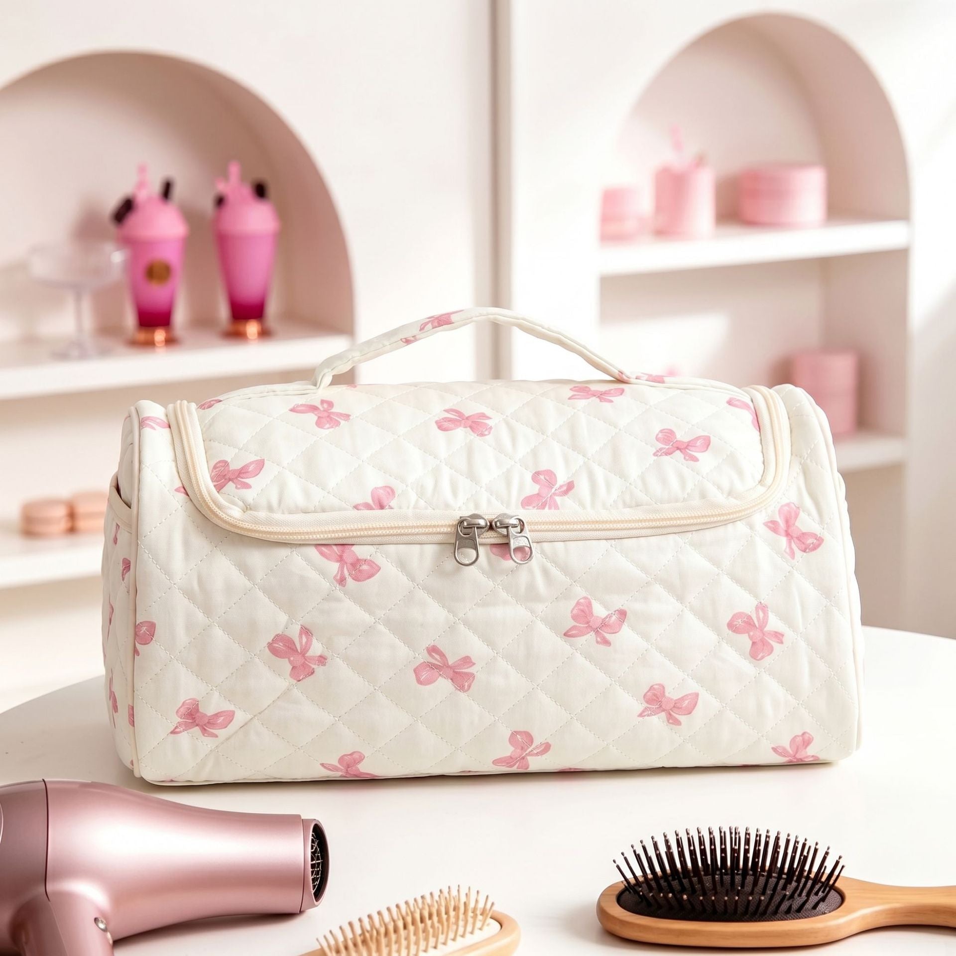 Hanging travel makeup bag with compartments