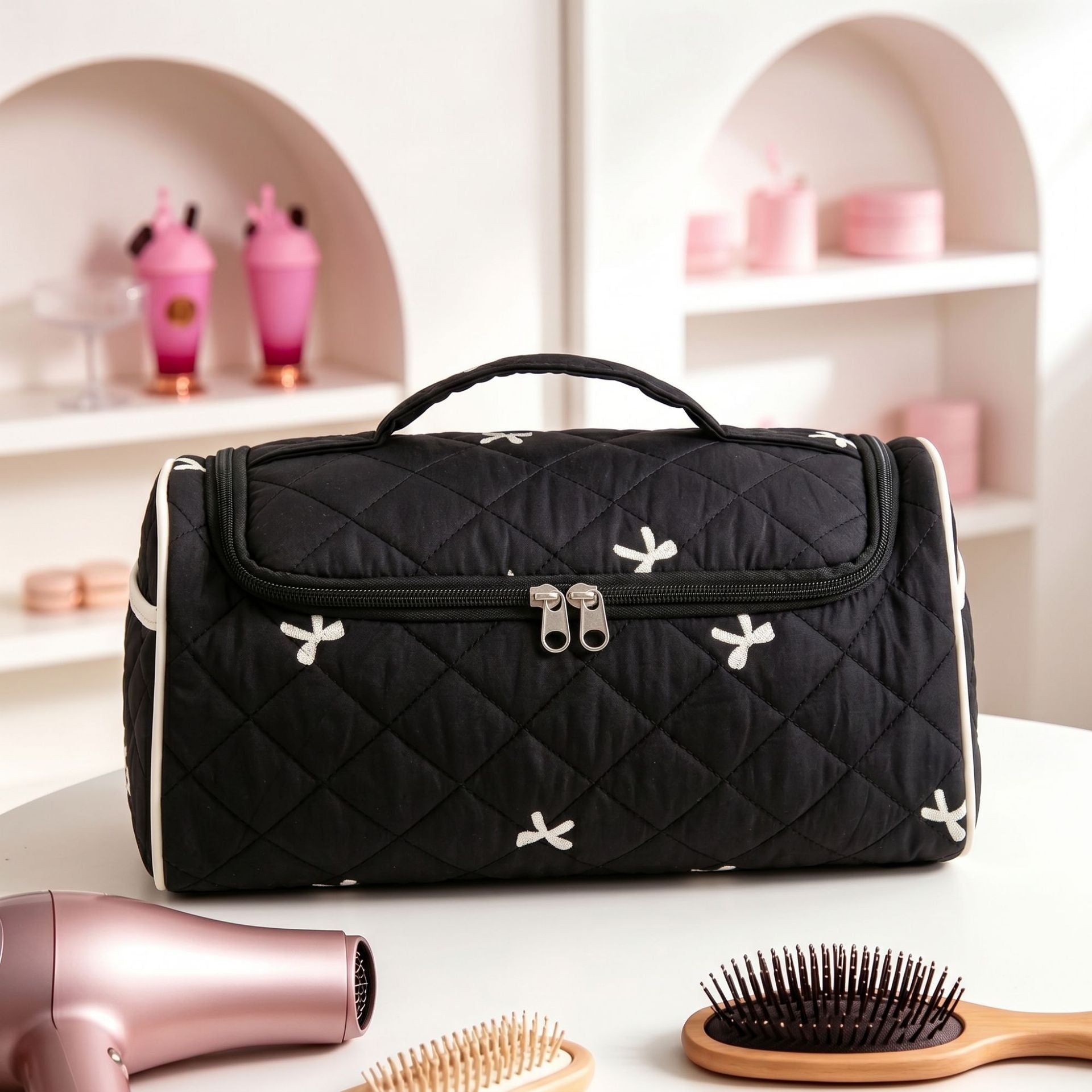 Hanging travel makeup bag with compartments