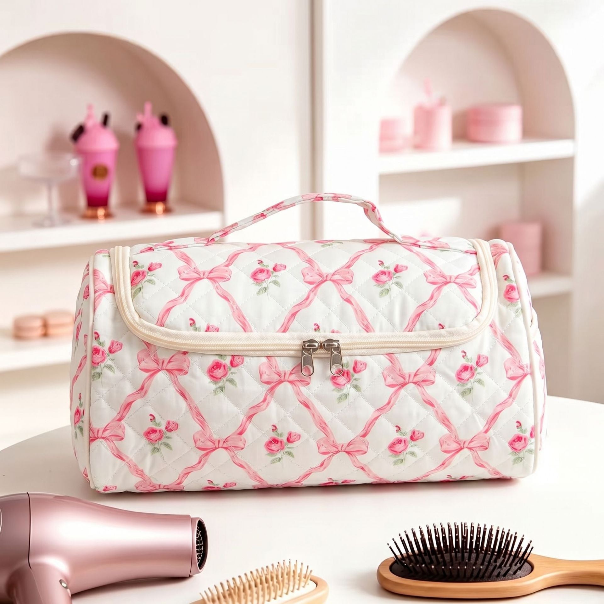 Hanging travel makeup bag with compartments