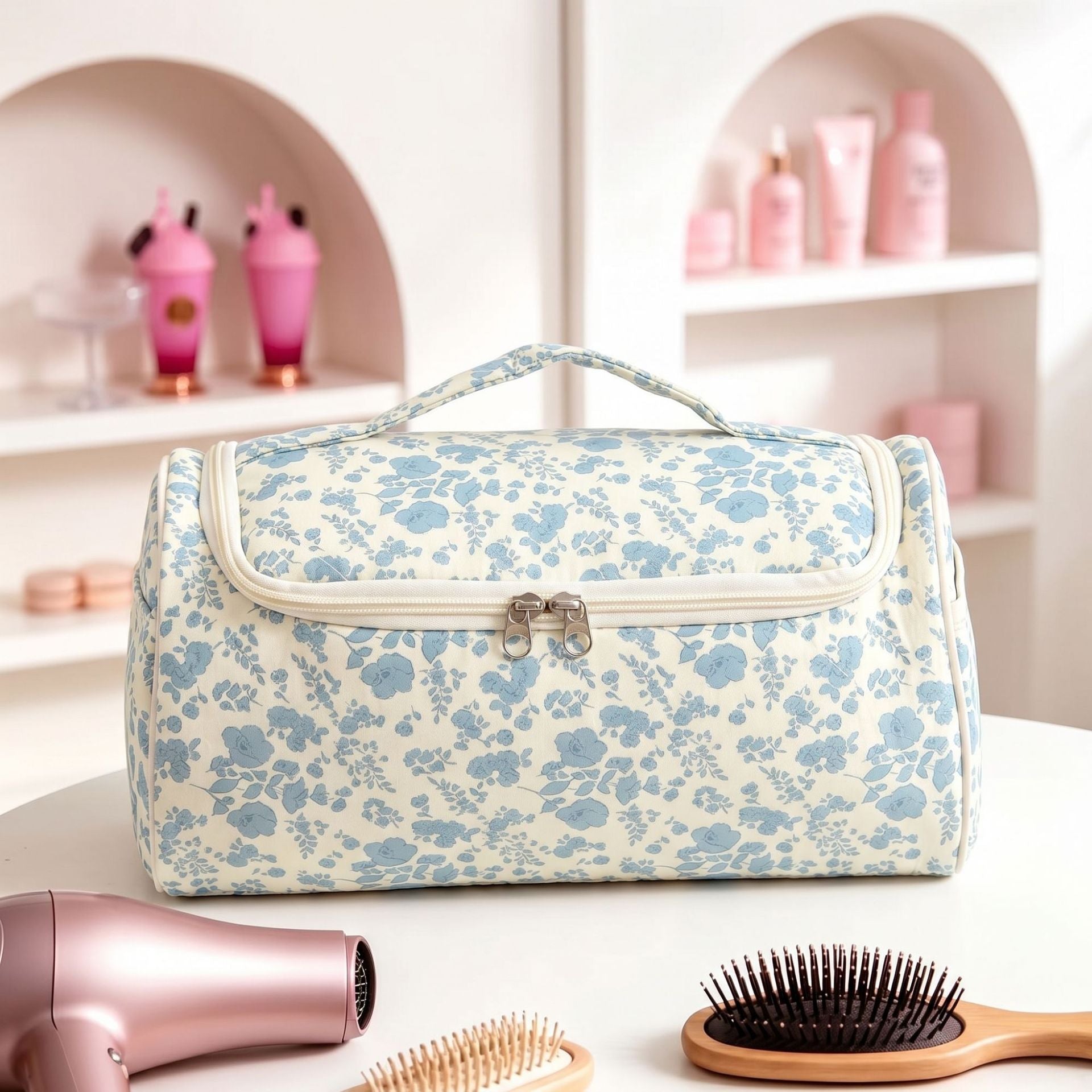 Hanging travel makeup bag with compartments