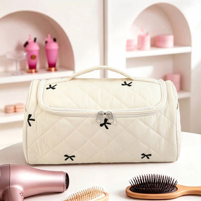 Hanging travel makeup bag with compartments