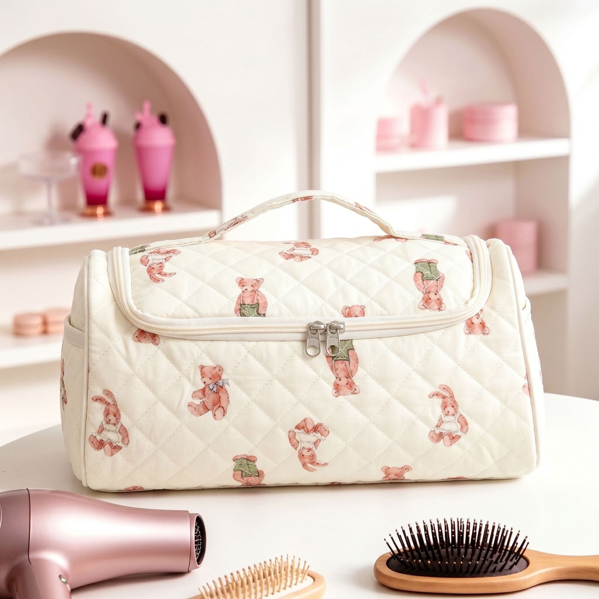Hanging travel makeup bag with compartments